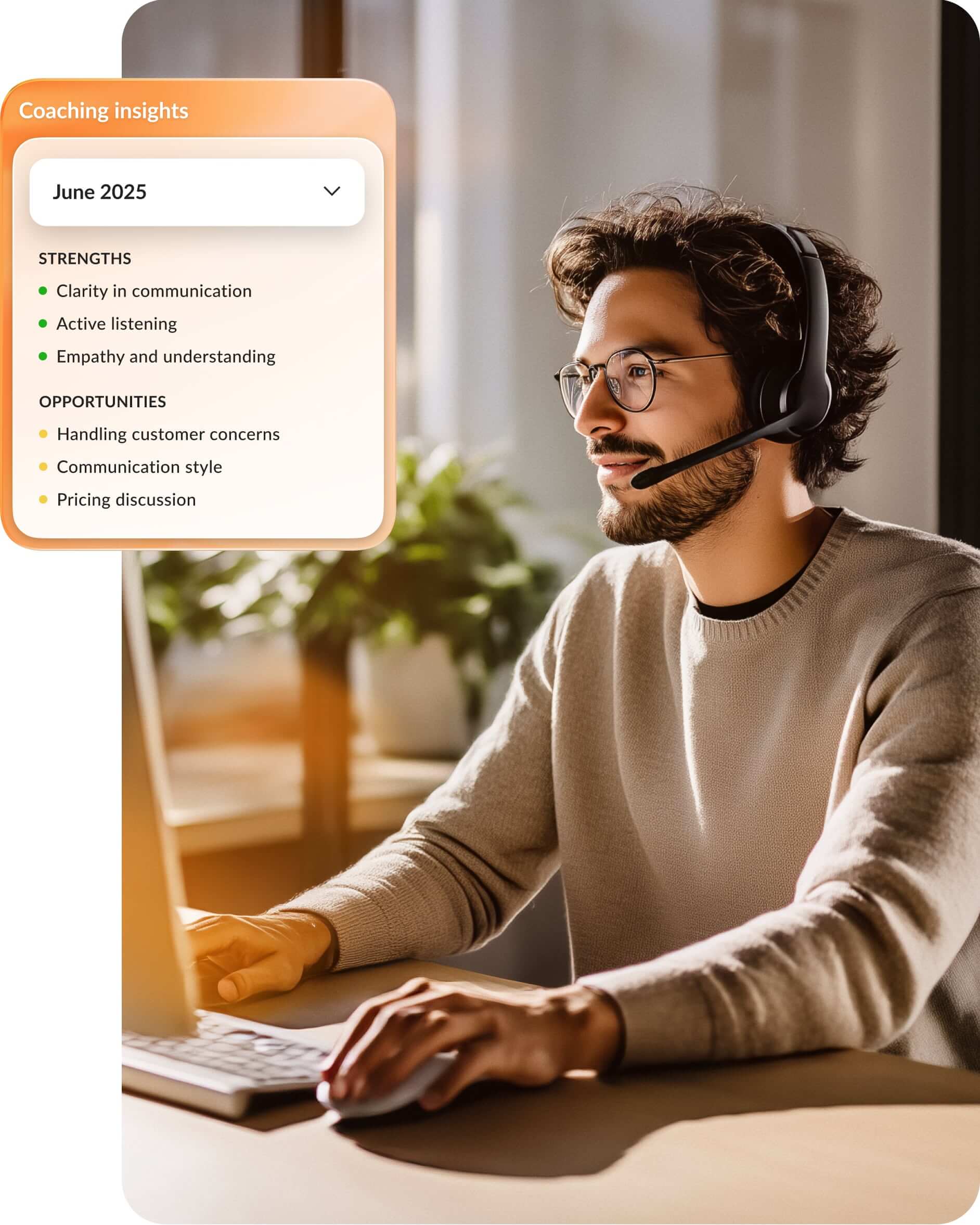 In-office employees reviewing average handle time and first contact resolution statistics in the RingCX app