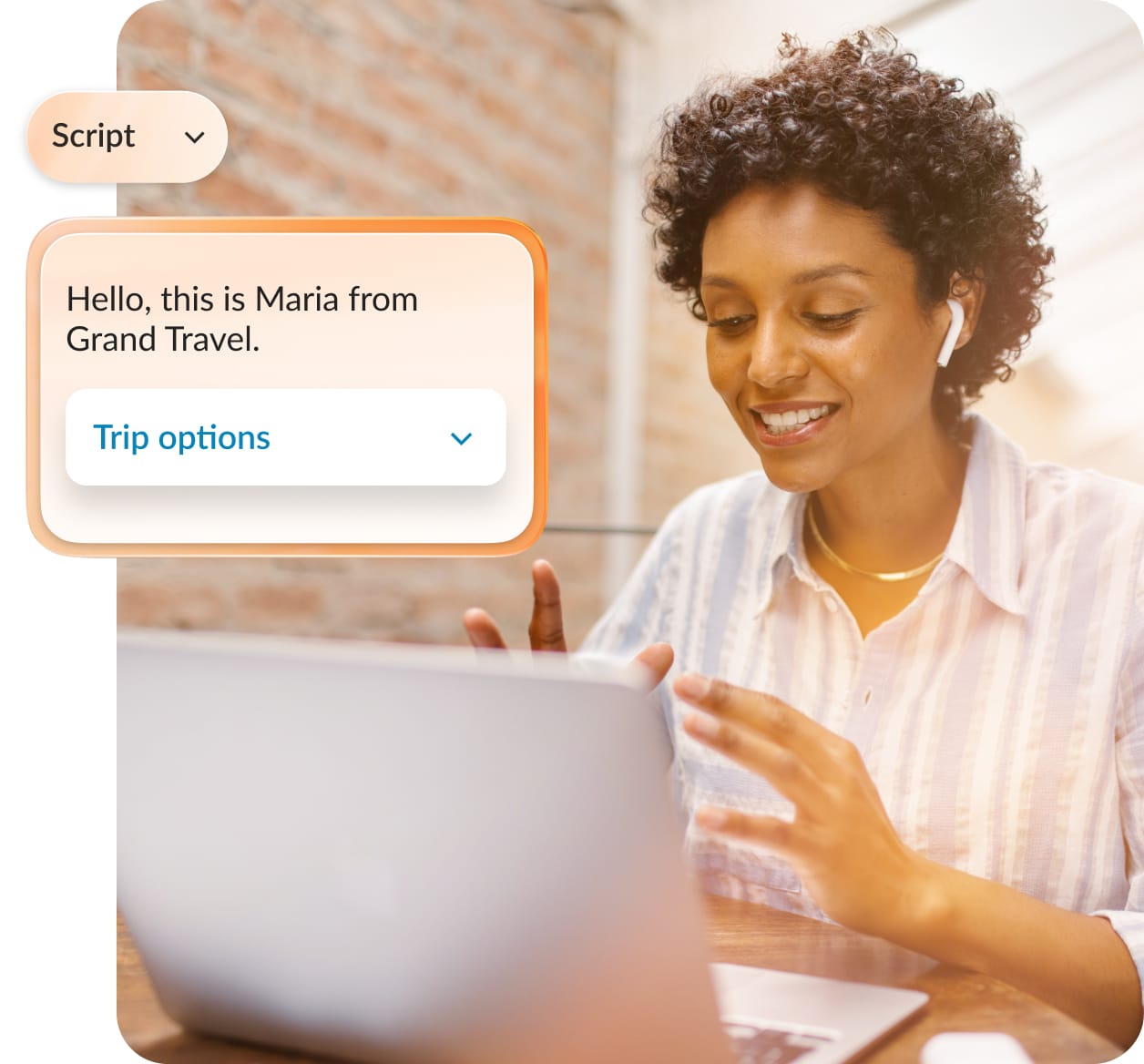 A contact center agent utilizing an agent scripting tool to provide travel-related support to a customer