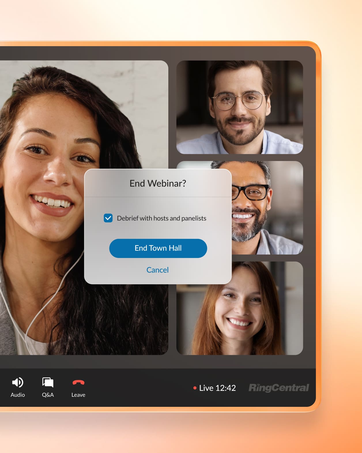 The End Webinar option on top of the screen showing an ongoing webinar meeting