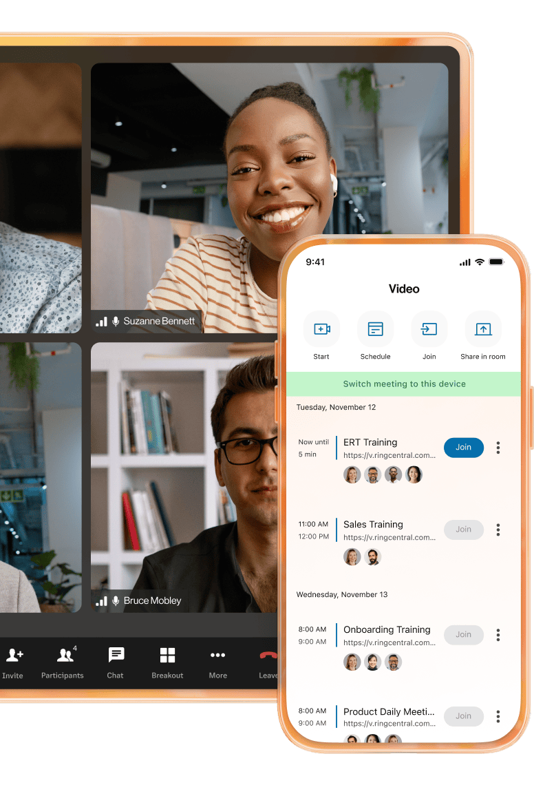 Meeting participant seamlessly switches from a desktop to a mobile device during a live call using RingCentral's Call Flip feature.