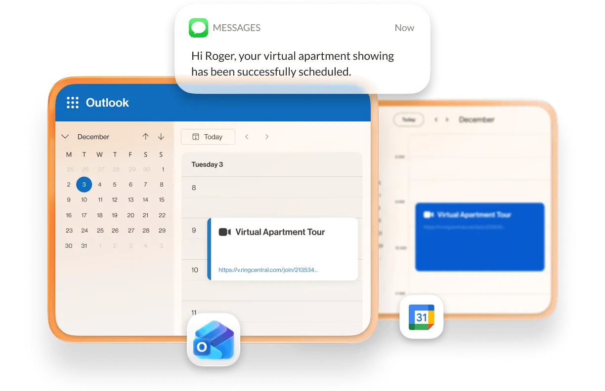 A screenshot displays an Outlook calendar with a scheduled Virtual Apartment Tour meeting, accompanied by a confirmation message in the Messages app.