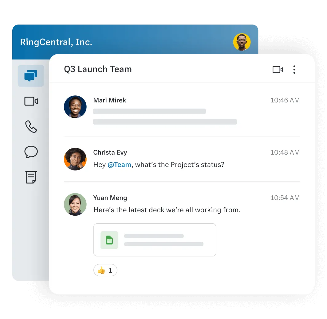 Vista della messaggistica per team nell'app RingCentral