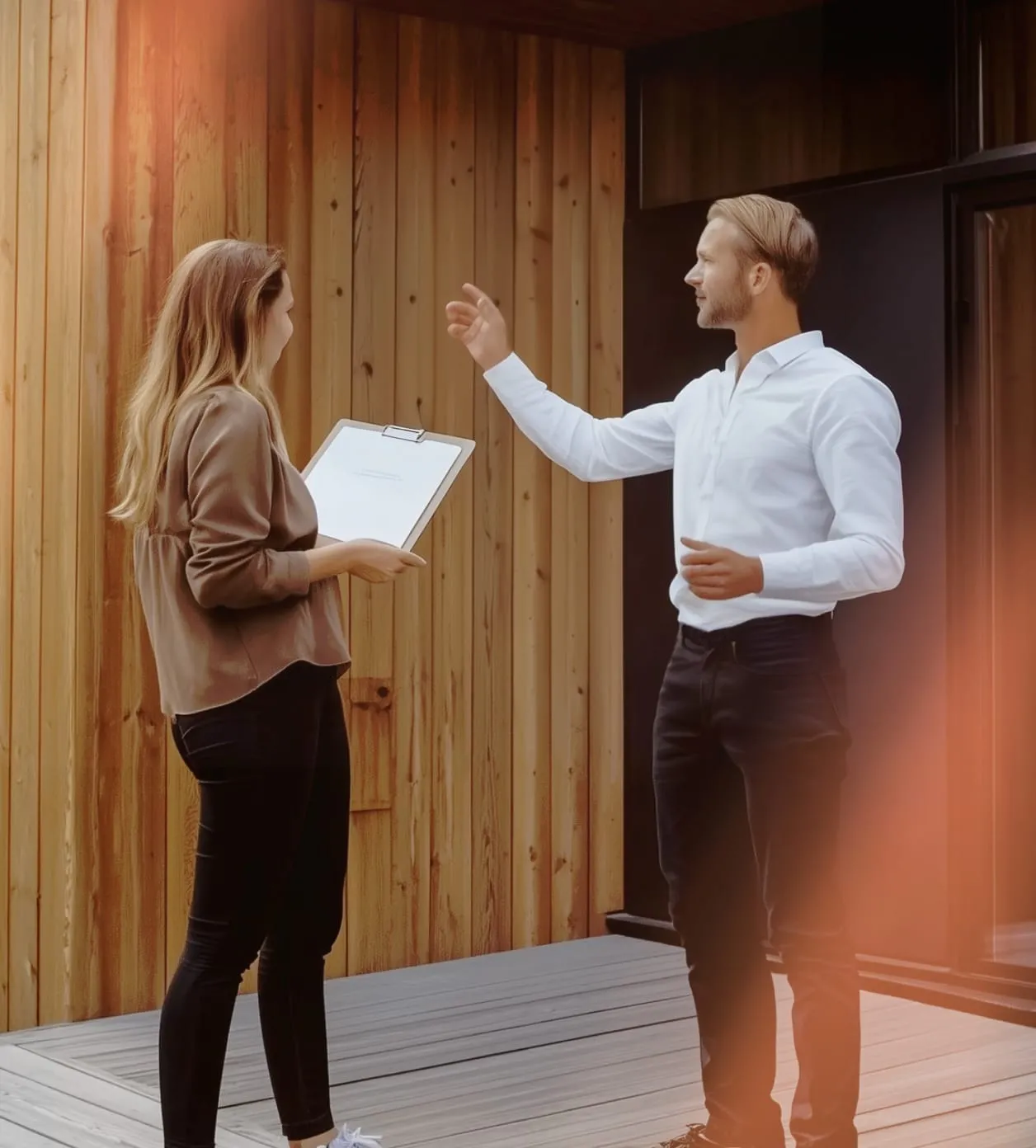 A real estate agent giving a house tour to a prospect buyer