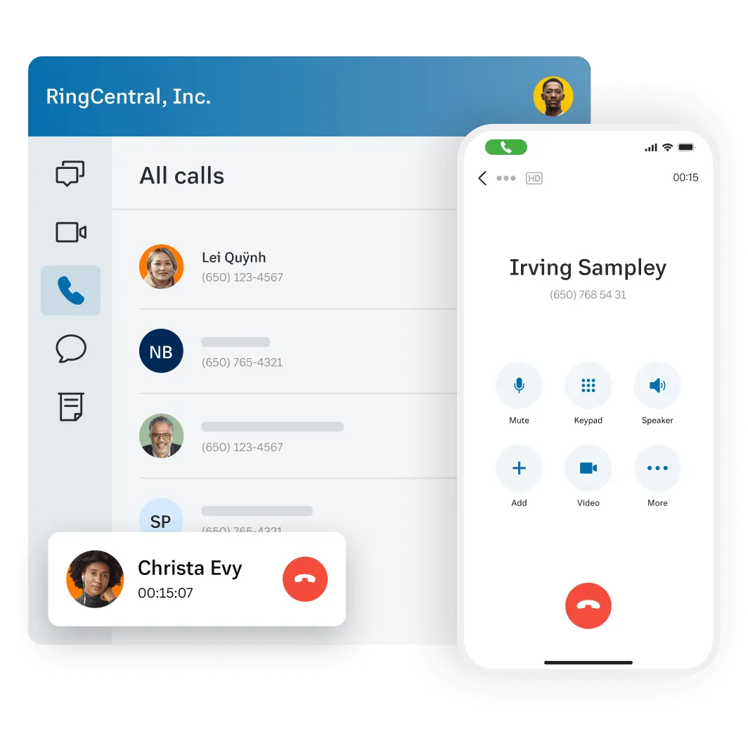 Vista di una telefonata nell'app RingCentral