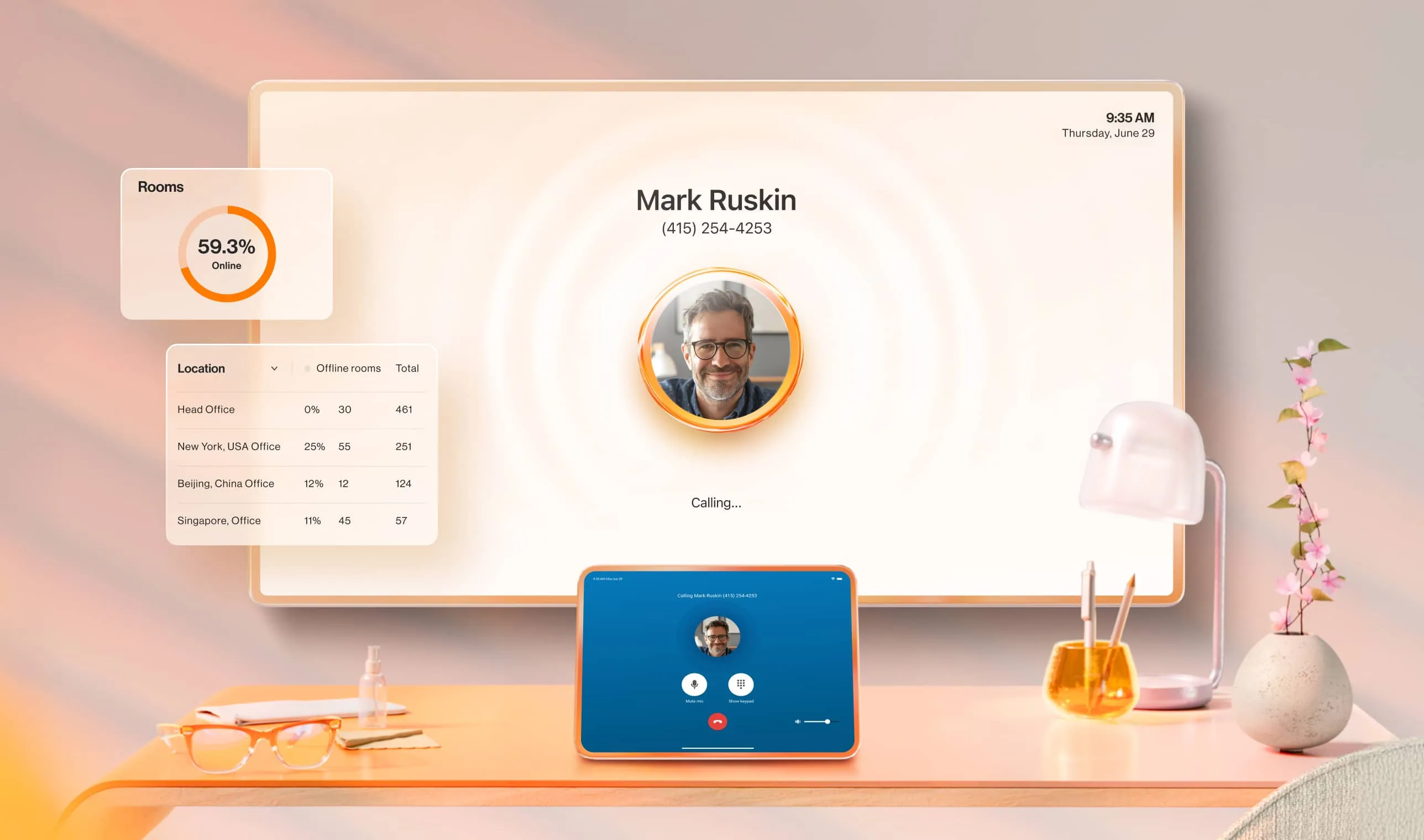 Incoming call notification displayed on both the conference room monitor and tablet screen.