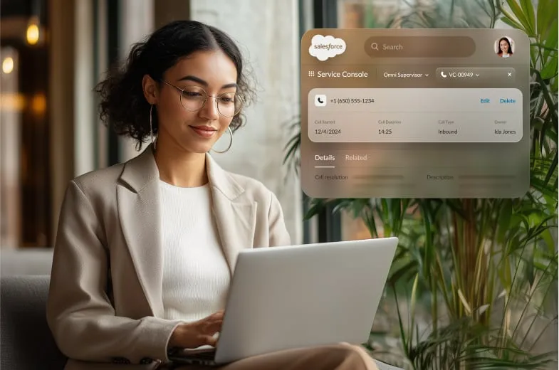 A woman sitting on a couch using her laptop with an inlay of the Salesforce integration in RingCentral app