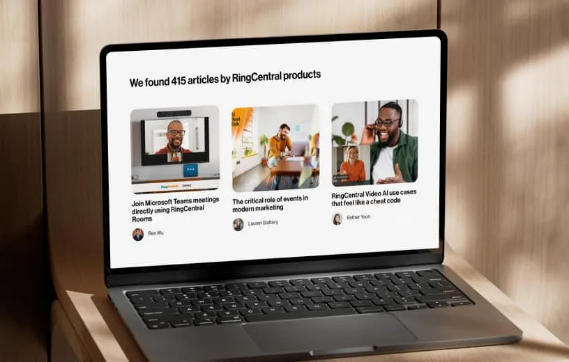 An image of a laptop screen displaying a list of articles about RingCentral products