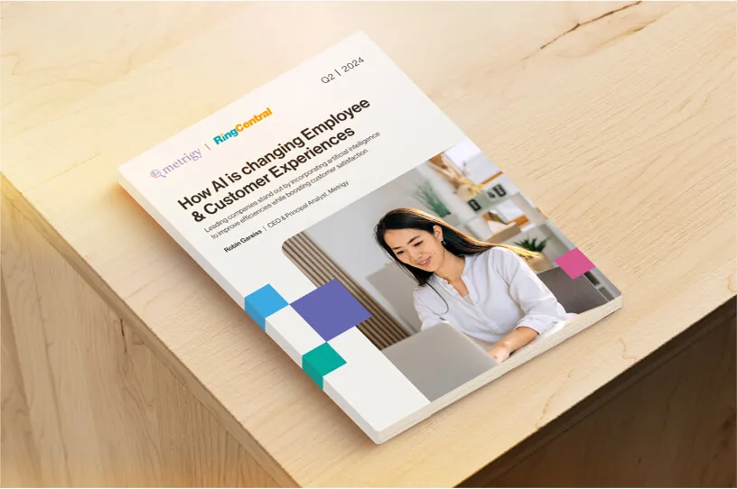 A Metrigy report eBook cover showing a woman woking on a laptop