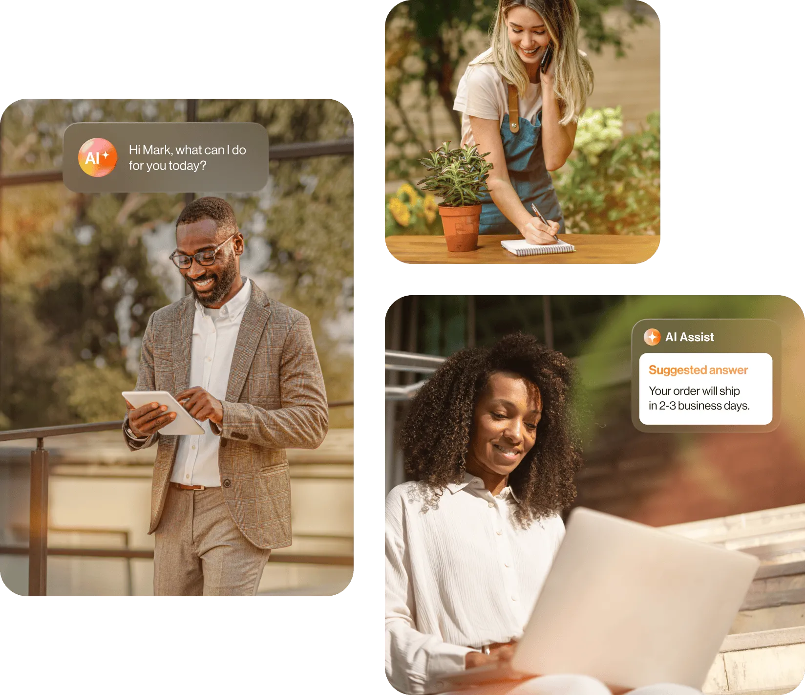 Collage of three people using RingCentral AI assistant: a man in a suit receiving a chatbot message on a tablet, a woman writing with houseplants and a laptop nearby, and another woman smiling at a laptop showing an AI-generated response suggestion.