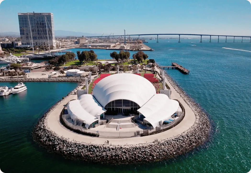The aerial image of the San Diego Symphony performance center