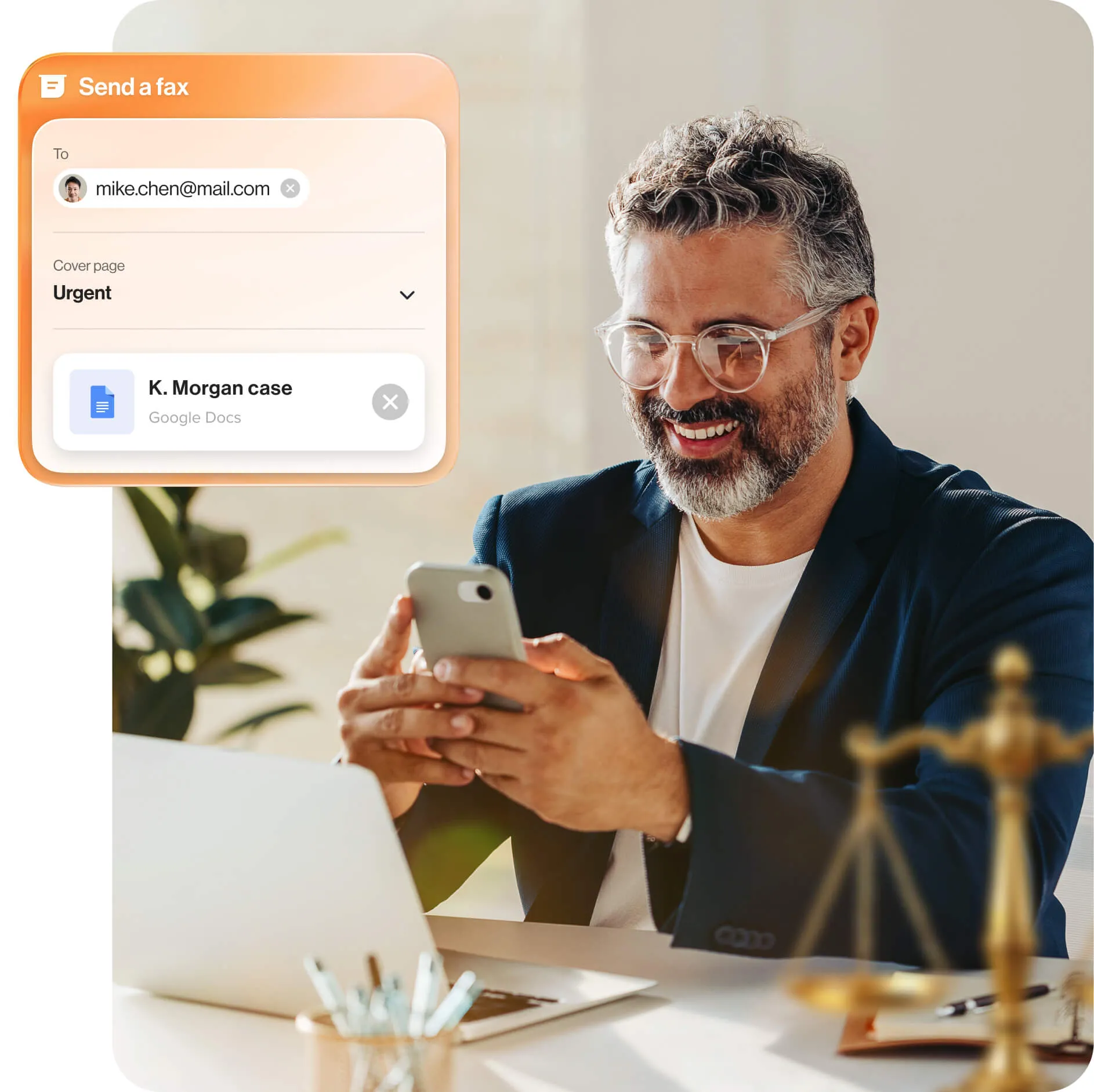 A man with glasses and a beard smiles while using a smartphone. A digital overlay shows a fax being sent with details like recipient email and urgency. 