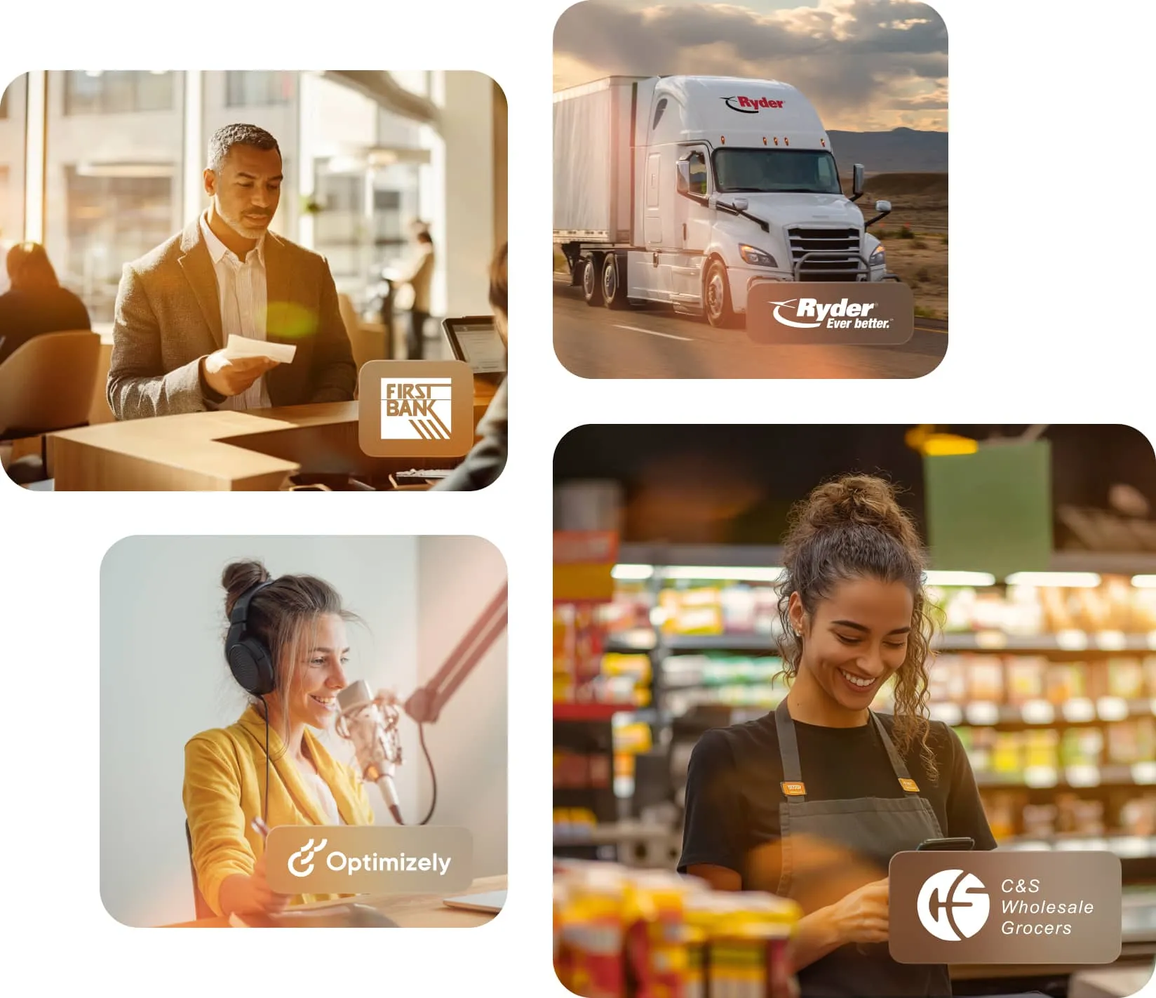 Image 1: A female store employee examining a wine label. Image; 2: Two warehouse employees speaking with RingCentral app open on laptop. Image; 3: A male store employee standing next to a rack of coats.