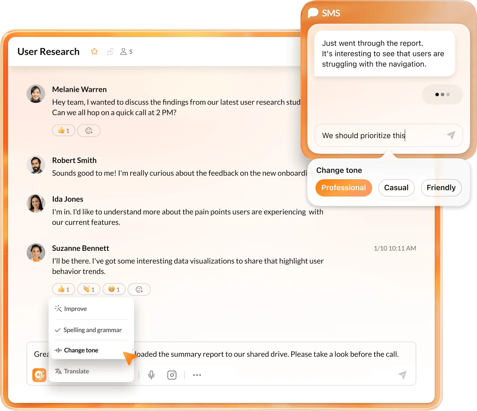 A team chat for User Research discussions fraturing different AI-chat features include improving, spell-checking, and translation options.